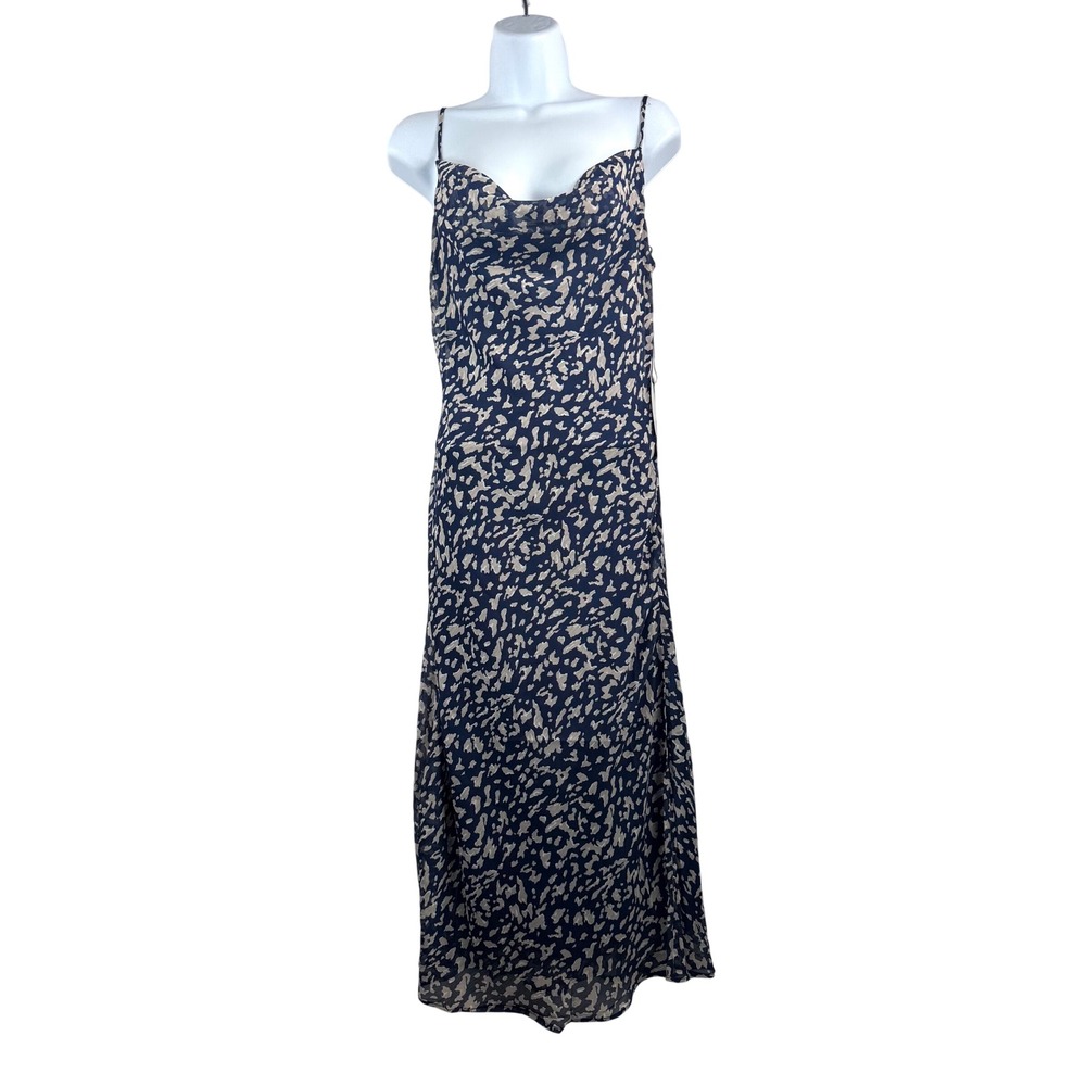 Willow Clay midi Dress sz M‎ Navy Tan abstract art Cowl Neck Slip chiffon 90s